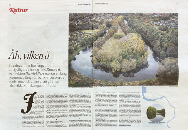 Artikel i Helsingborgs Dagblad om hur Rönneå formar Ängelholm, första uppslaget.