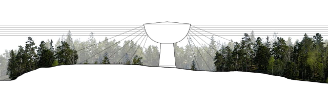 Ljus- och speglingsstudie av Hemmesta vattentorn på Värmdö.